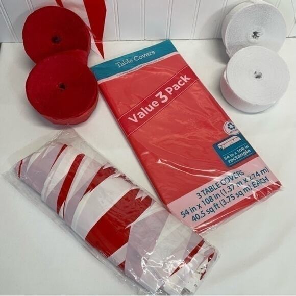 Red White Party Supplies Pennant Banner Table Covers Streamers Bundle - Picture 5 of 5